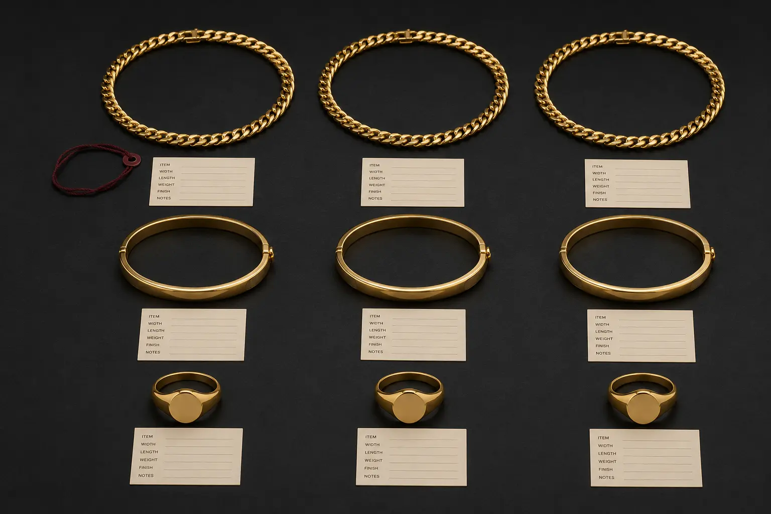 Repeated matched gold pieces with specification cards
