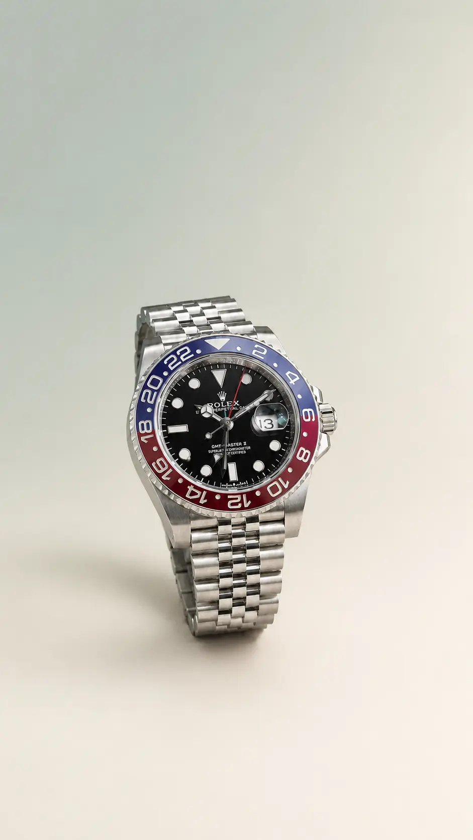 Rolex GMT-Master II Pepsi on the VAULTRADE Fine celadon and ivory studio background
